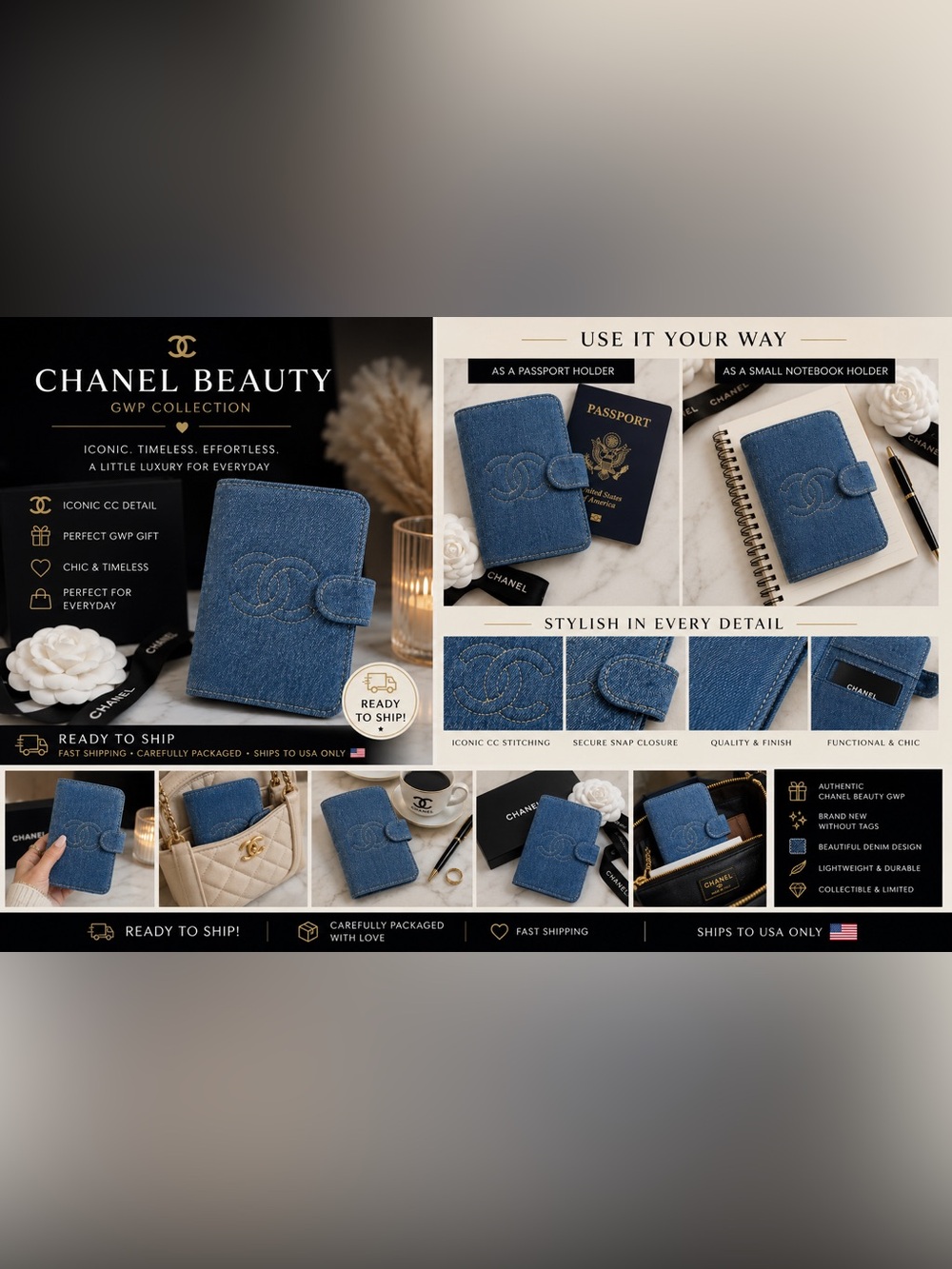 GWP/VIP CHANEL Beauté Blue Denim CC Stitch Snap Card Holder/Passport Holder - Picture 7 of 7
